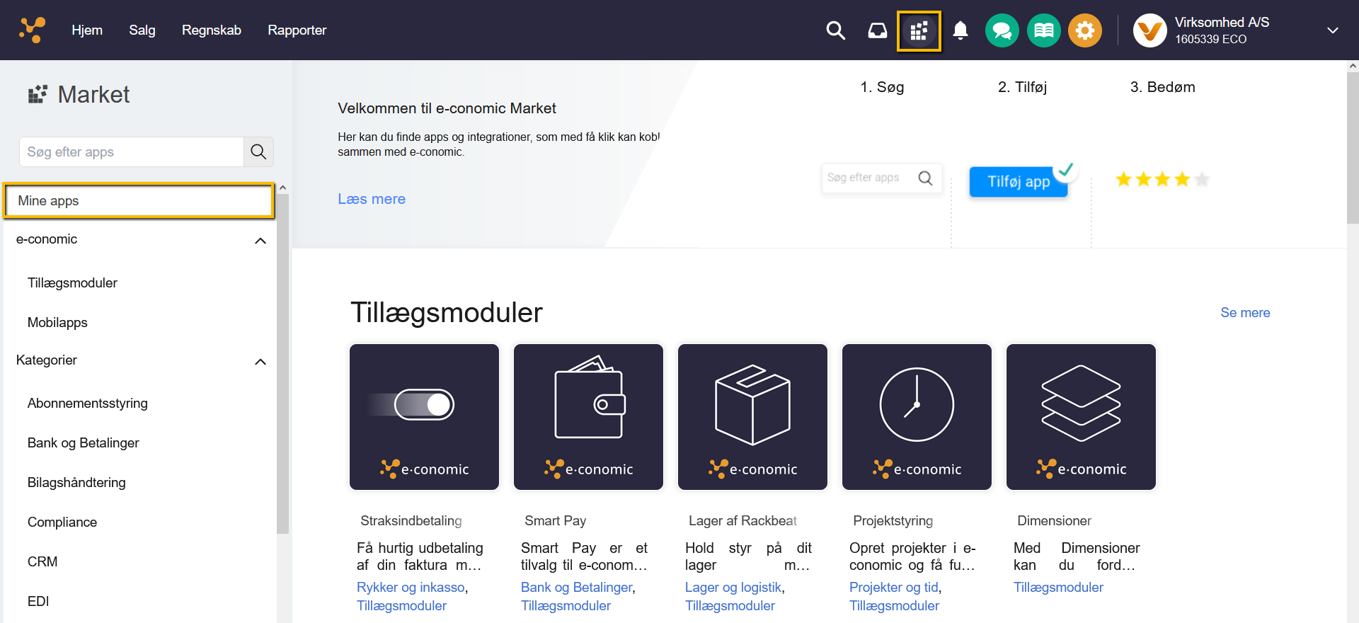 Viser menupunktet 'Mine apps' i e-conomic Market – bruges til at se en oversigt over brugerens installerede apps.