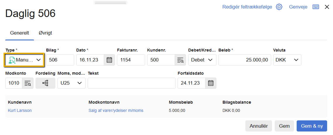 Viser oprettelse af en manuel kundefaktura i en kassekladde – bruges til at bogføre en historisk faktura, der skal periodiseres.