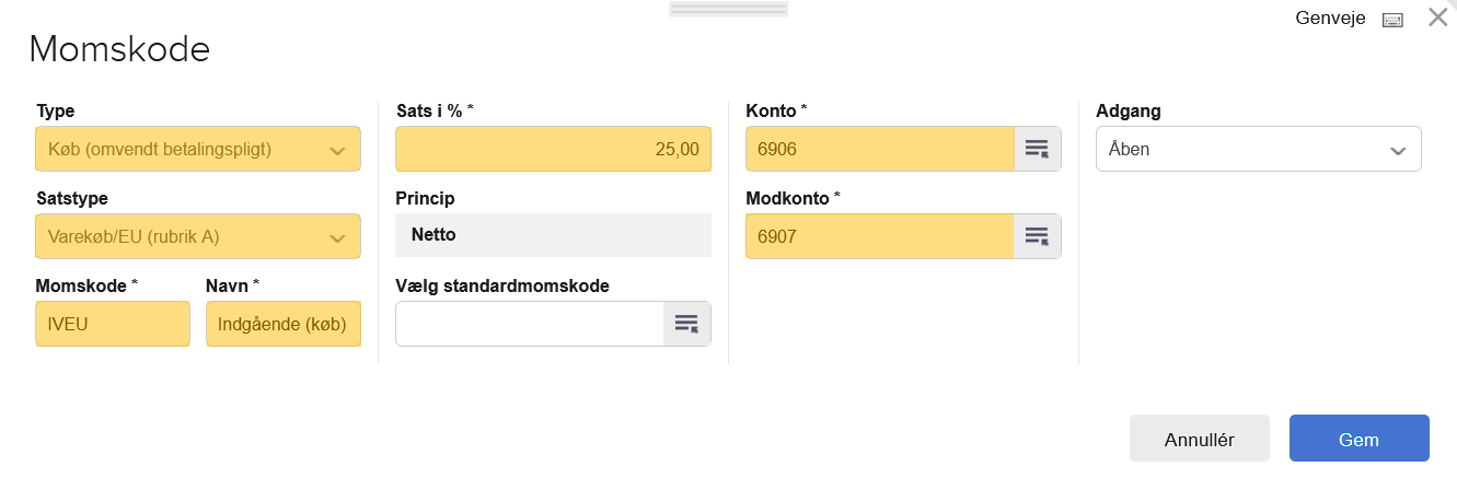 Viser felterne i dialogboksen 'Momskode' – bruges til at oprette en momskode for varekøb i EU med omvendt betalingspligt.