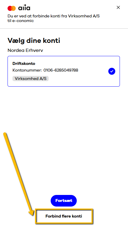 Viser knappen "Forbind flere konti" i opsætningen af bankintegrationen i Aiia – bruges til at tilføje flere bankkonti til forbindelsen.