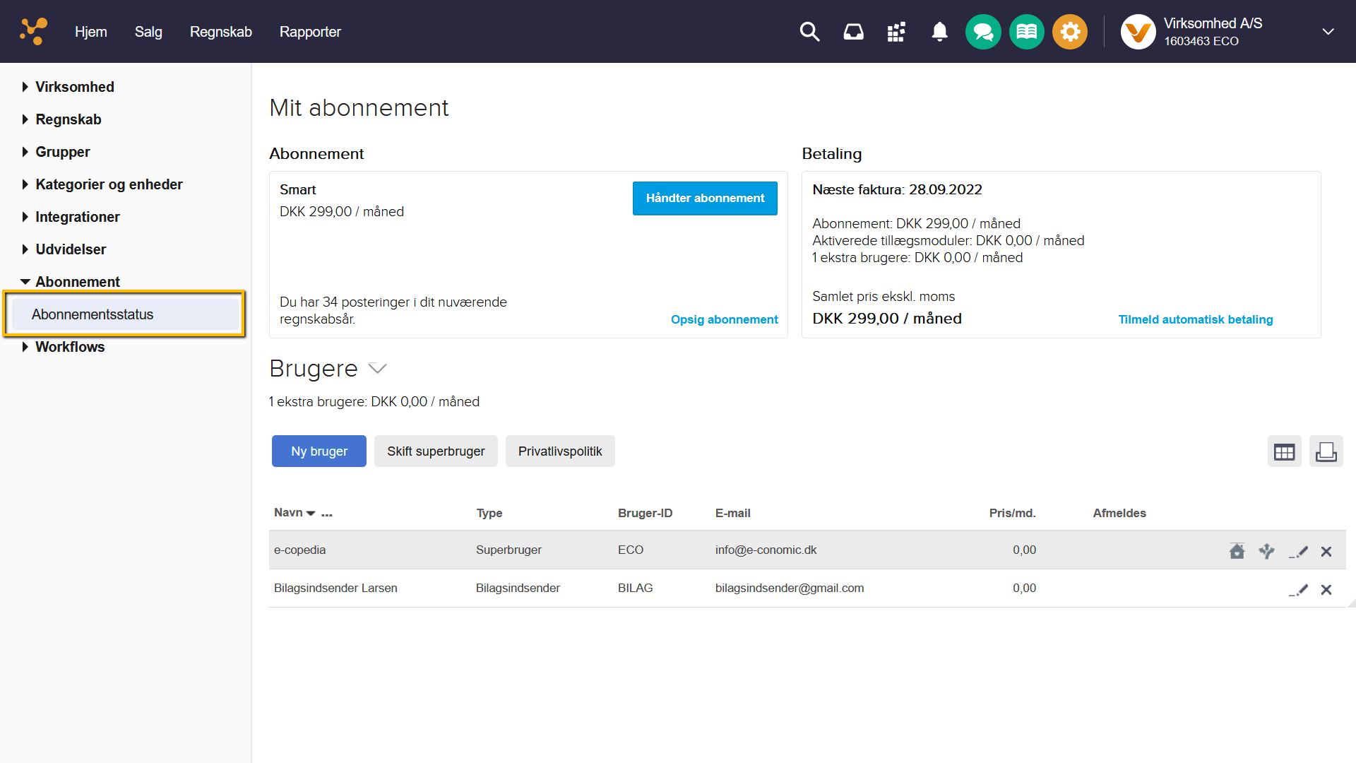 Viser abonnementsoplysninger i Abonnementsstatus – bruges til at få et overblik over den nuværende pakke, pris og betaling.