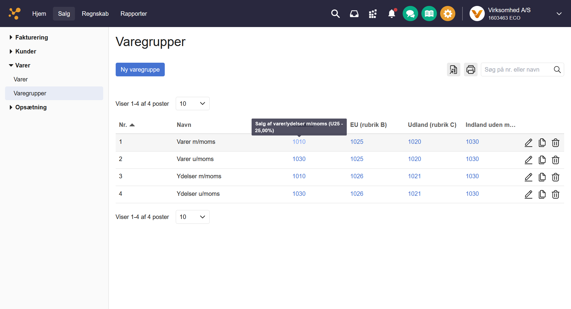 Viser et tooltip over et kontonummer i varegruppelisten – bruges til at se kontoens navn, momskode og momssats.