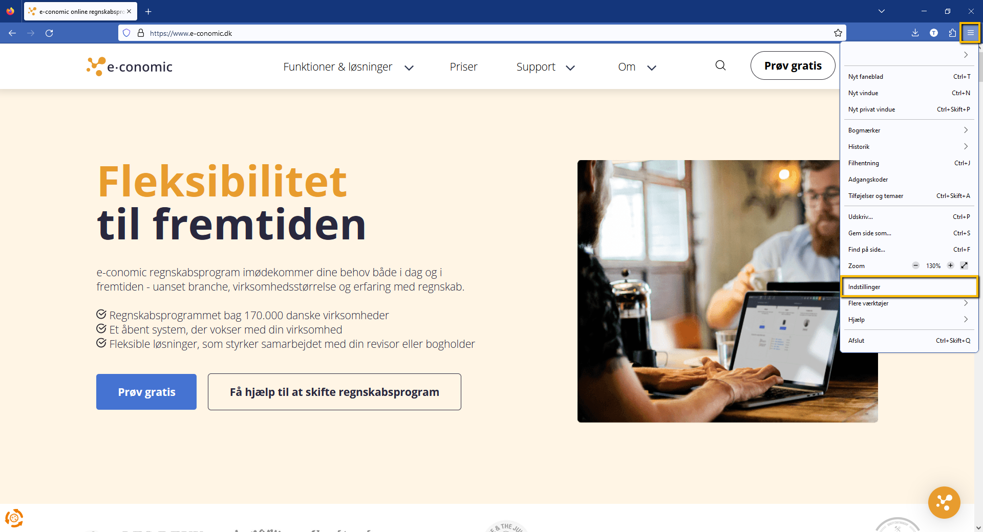 Viser menupunktet 'Indstillinger' i Firefox-browserens menu – bruges til at tilgå indstillinger for sletning af cookies.