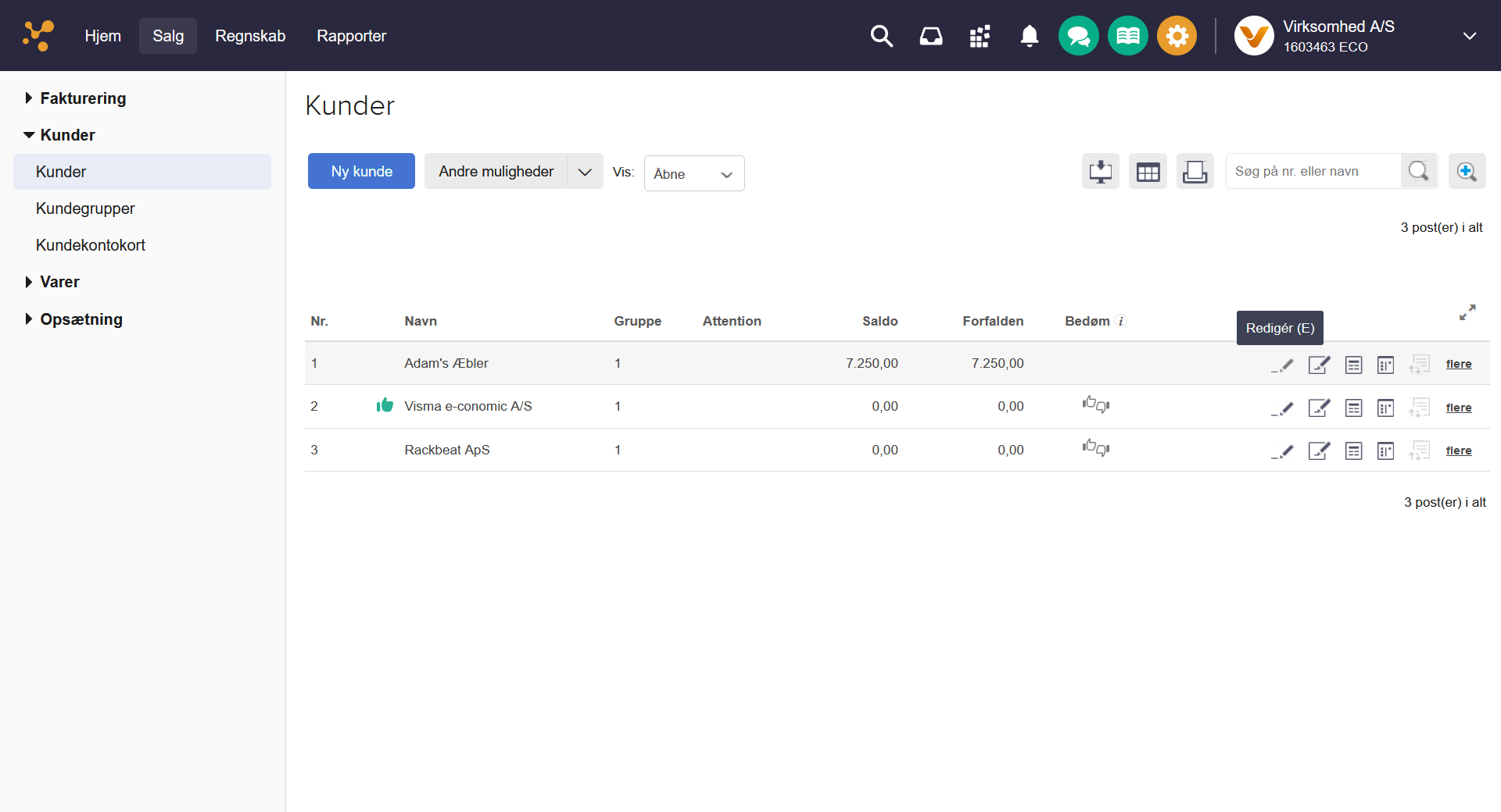 Viser kundekartoteket i Salg – bruges til at finde en kunde, der skal redigeres.