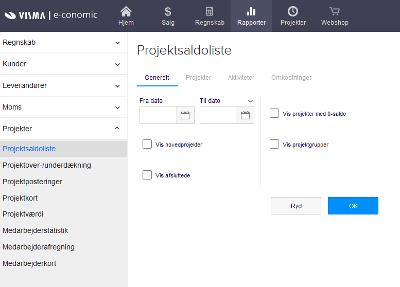 Viser indstillingsmulighederne for rapporten Projektsaldoliste i Rapporter – bruges til at afgrænse og danne rapporten.