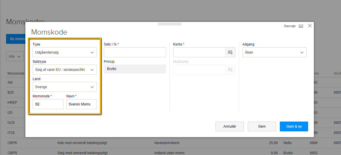 Viser oprettelse af en landespecifik momskode i Momskoder – bruges til at oprette en momskode for salg til et specifikt EU-land.