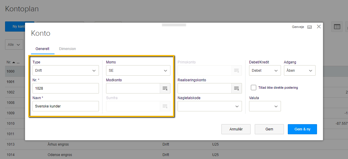 Viser oprettelse af en ny konto i Kontoplanen – bruges til at oprette en landespecifik salgskonto med en tilhørende momskode.