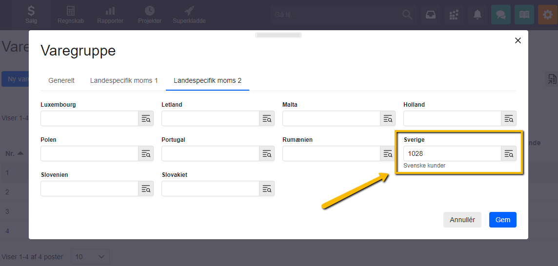 Viser indsættelse af salgskonto under landespecifik moms i en varegruppe – bruges til at bogføre salg til et specifikt land korrekt.