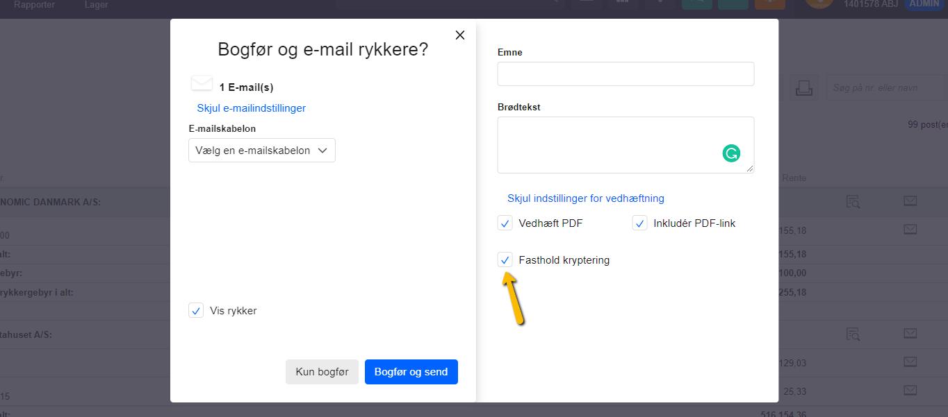 Viser fluebenet 'Fasthold kryptering' i afsendelsesvinduet for rykkere – bruges til at gennemtvinge kryptering af den sendte e-mail.