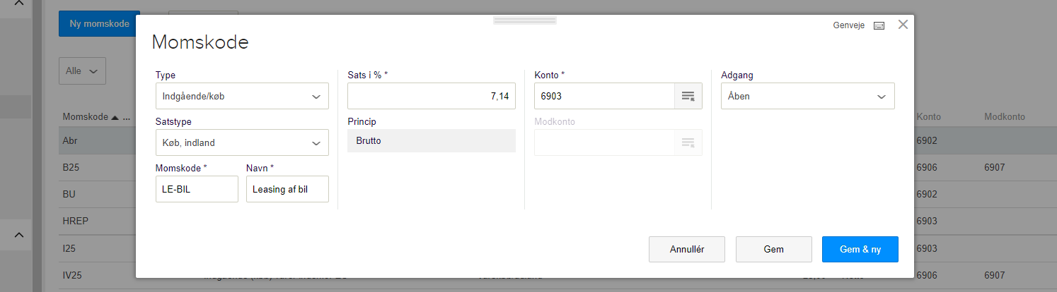Viser oprettelse af en momskode i indstillinger for momskoder – bruges til at opsætte en specifik sats og konto til leasingmoms.