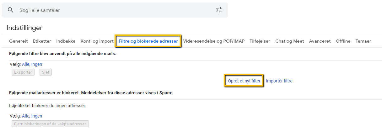 Viser kategorien 'Filtre og blokerede adresser' og linket 'Opret et nyt filter' i Gmails indstillinger – bruges til at oprette et filter for at undgå, at mails ender i spam.