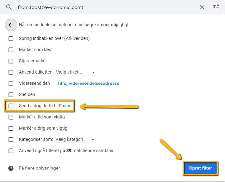 Viser afkrydsningsfeltet 'Send aldrig dette til Spam' og knappen 'Opret filter' i Gmail – bruges til at forhindre at mails fra e-conomic havner i spam.