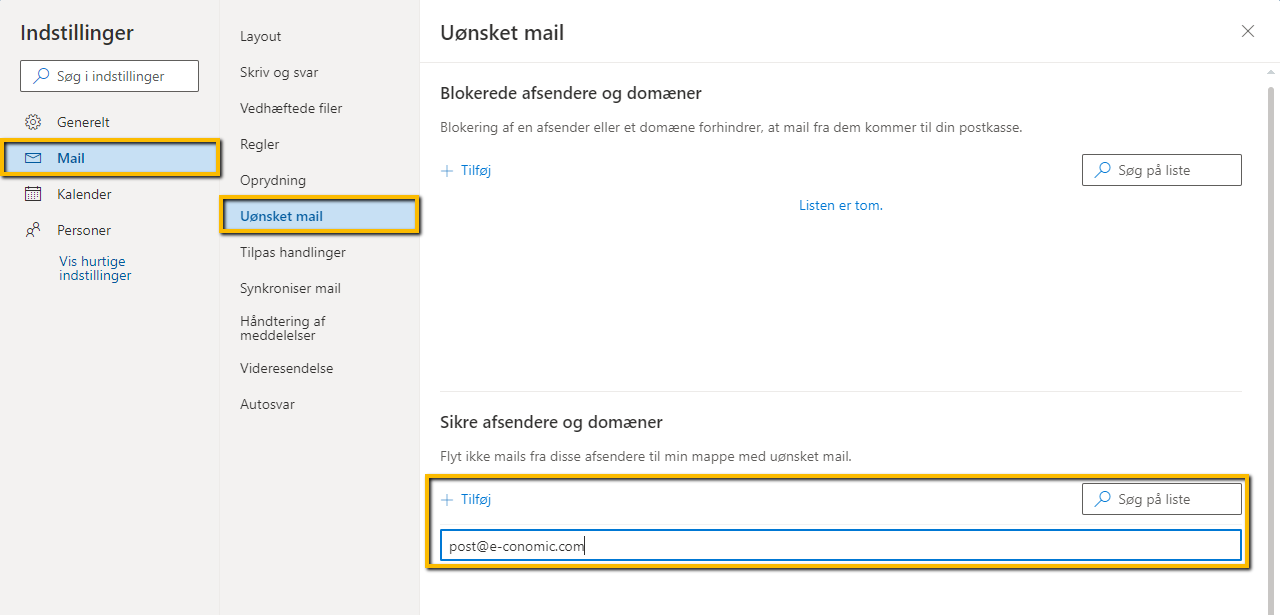 Viser tilføjelse af e-conomic til listen over sikre afsendere i Outlook – bruges til at sikre, at mails ikke sorteres som uønsket post.
