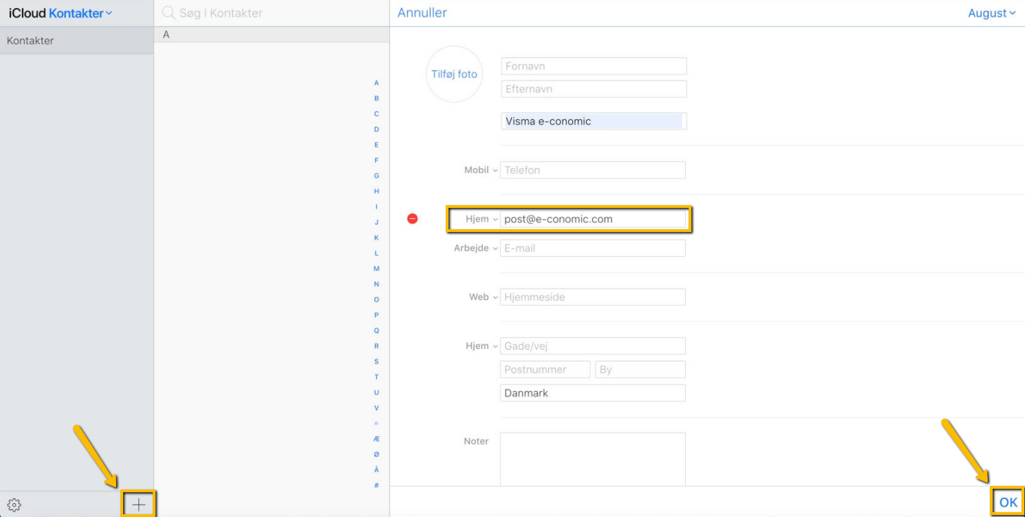Viser oprettelse af en ny kontakt i iCloud Kontakter – bruges til at gemme e-conomics e-mailadresse.