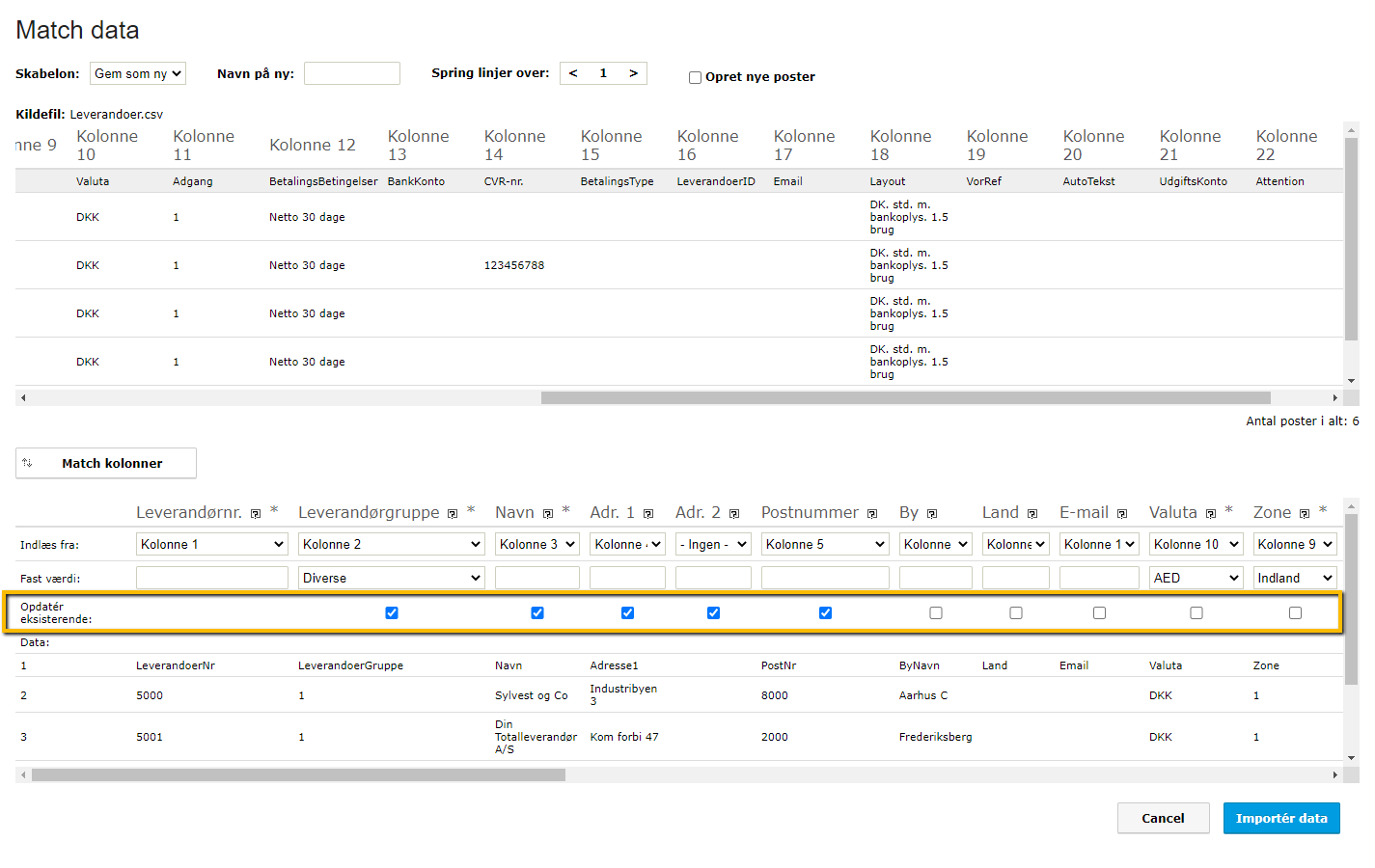 Viser matchning af datafelter i import-funktionen for leverandører – bruges til at vælge, hvilke oplysninger der skal opdateres på eksisterende leverandører.