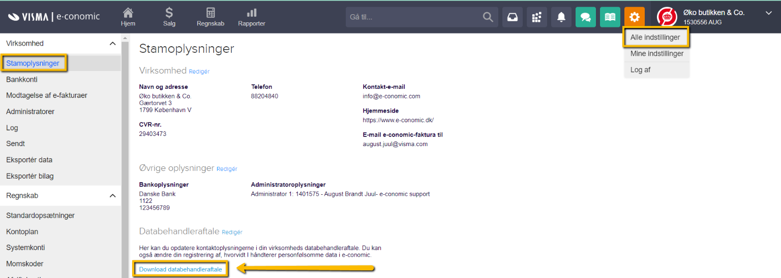 Viser linket 'Download databehandleraftale' i Stamoplysninger – bruges til at downloade virksomhedens databehandleraftale.