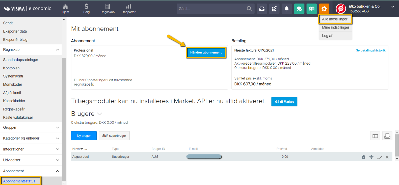 Viser knappen 'Håndter abonnement' i Abonnementsstatus – bruges til at åbne abonnementsportalen, hvor databehandleraftalen kan downloades.