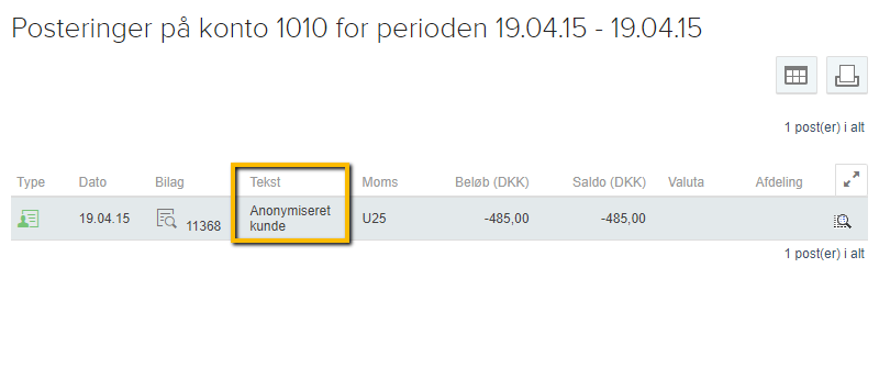 Viser en anonymiseret postering i kontokortet – bruges til at vise, hvordan en kundepostering ser ud efter en anonymisering.