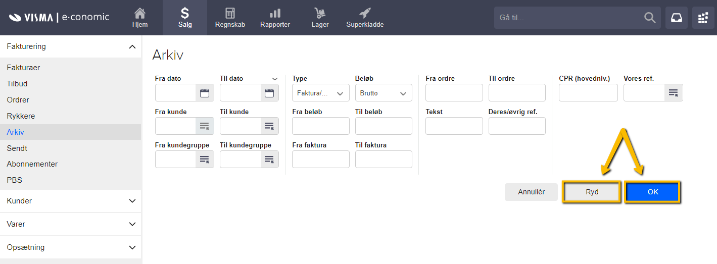 Viser knapperne 'Ryd' og 'OK' i fakturaarkivet – bruges til at fremfinde alle fakturaer.