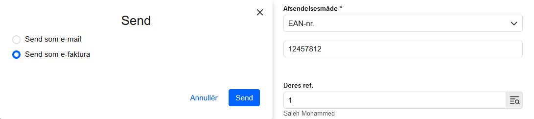 Viser send-vinduet for e-fakturaer i Salg – bruges til at gensende en faktura elektronisk.