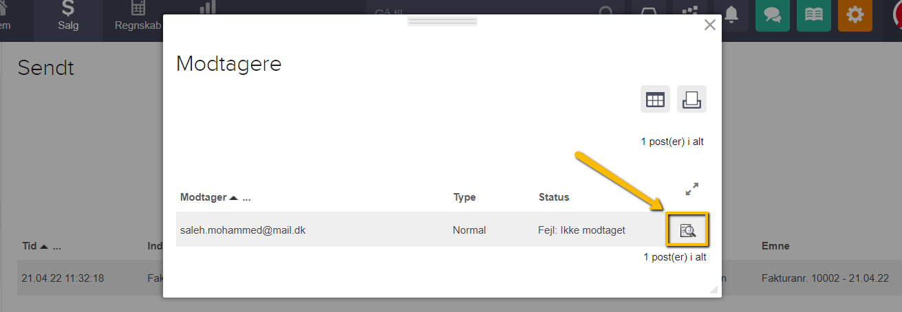 Viser 'Vis besked'-ikonet i Modtagere-vinduet under Salg – bruges til at se den specifikke fejlmeddelelse for en afsendelse.