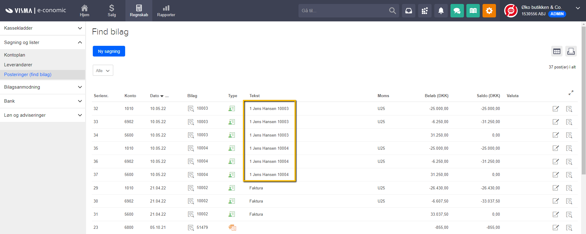 Viser den automatiske bogføringstekst i listen over posteringer – bruges til at se, hvordan de dynamiske felter vises på bogførte fakturaer.