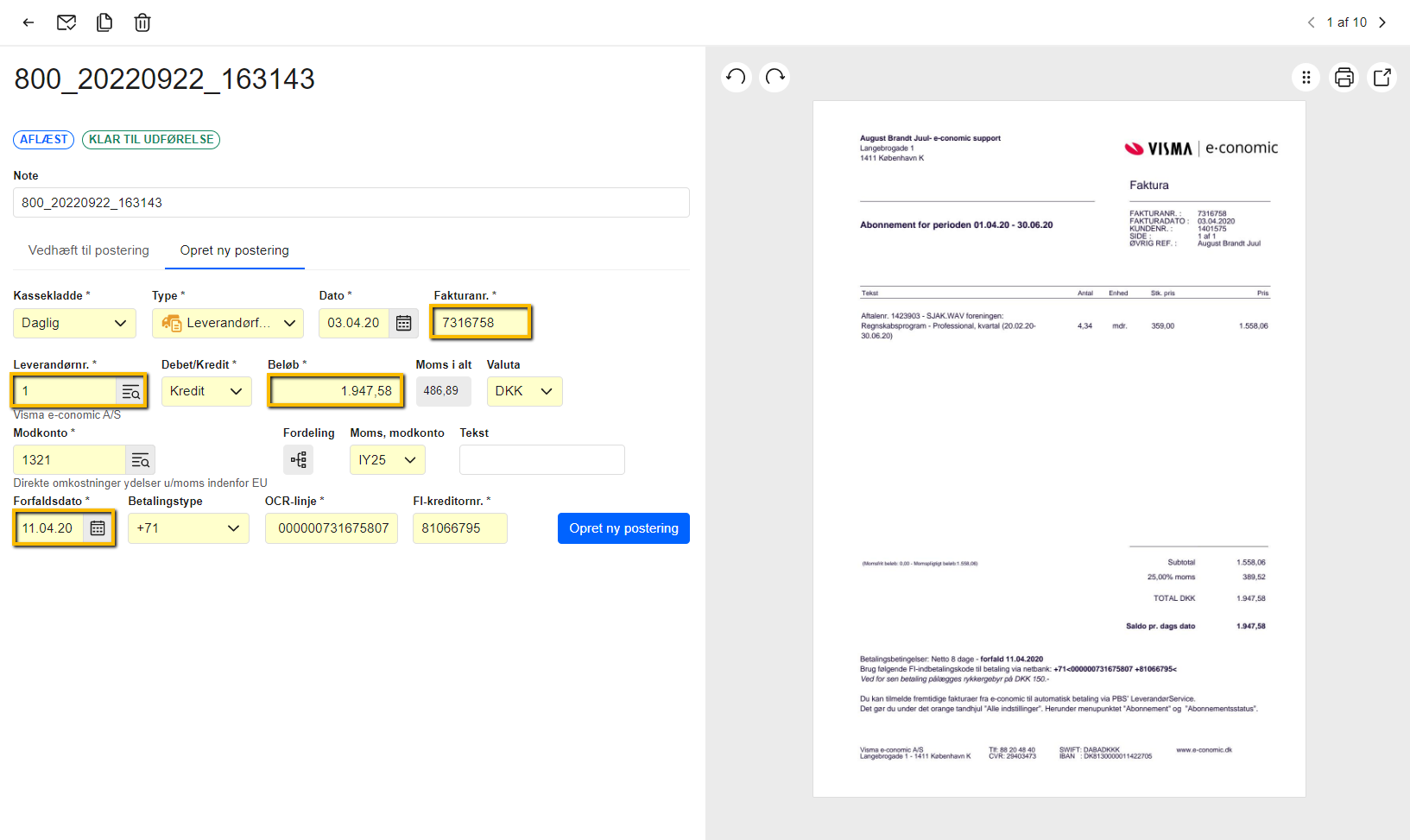 Viser automatisk udfyldte fakturaoplysninger i Smart Inbox – bruges til at spare tid på indtastning og bogføring af bilag.