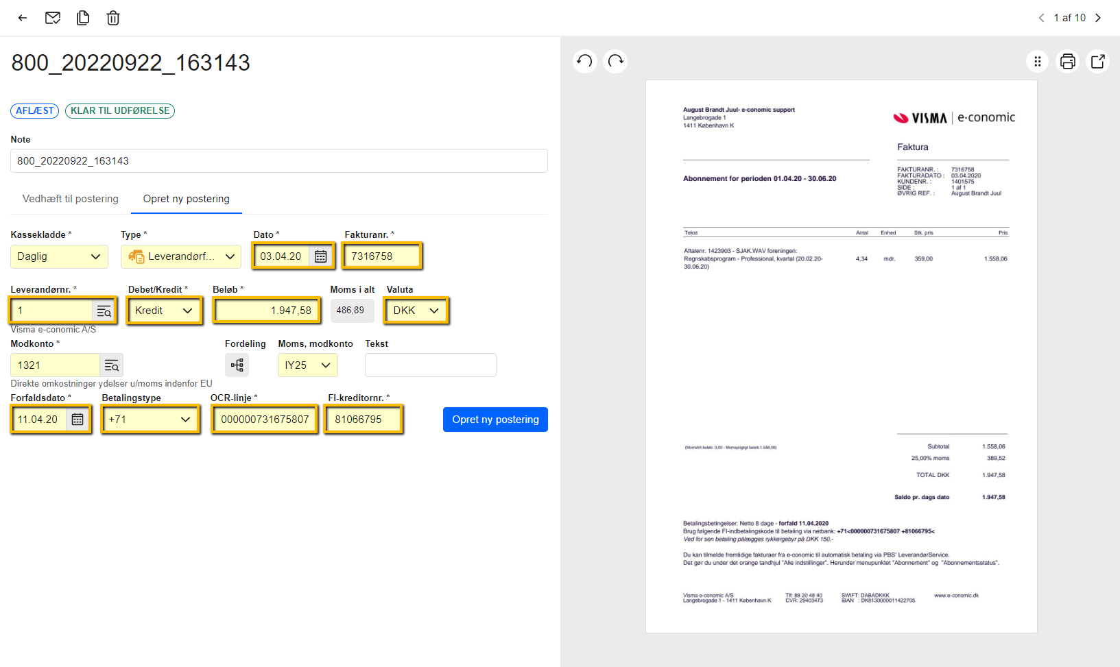 Viser et bilag med automatisk udfyldte bogføringsoplysninger i Smart Inbox – bruges til at oprette en postering og overføre bilaget til en kassekladde.