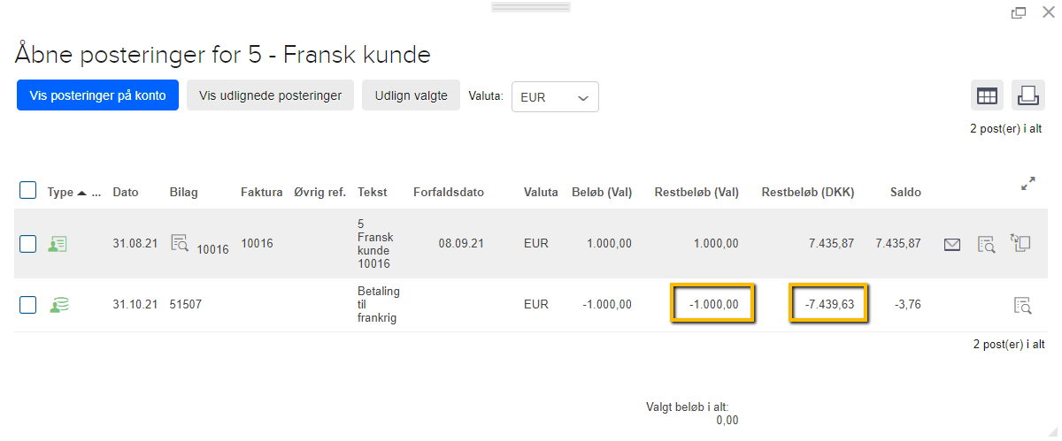 Viser restbeløb i DKK og udenlandsk valuta for en åben postering i kundens posteringsoversigt – bruges til at udregne valutakursen.