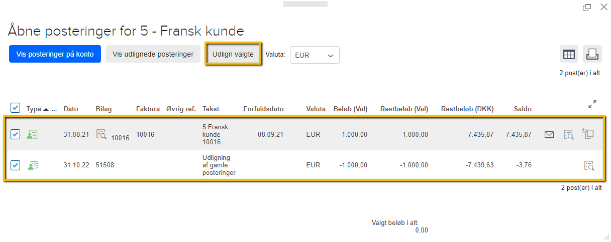 Viser markerede posteringer og knappen 'Udlign valgte' i kundens åbne posteringer – bruges til at udligne poster, der går ud med hinanden.