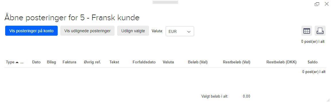 Viser åbne posteringer for en kunde i posteringsoversigten – bruges til at udligne posteringer i en anden valuta.