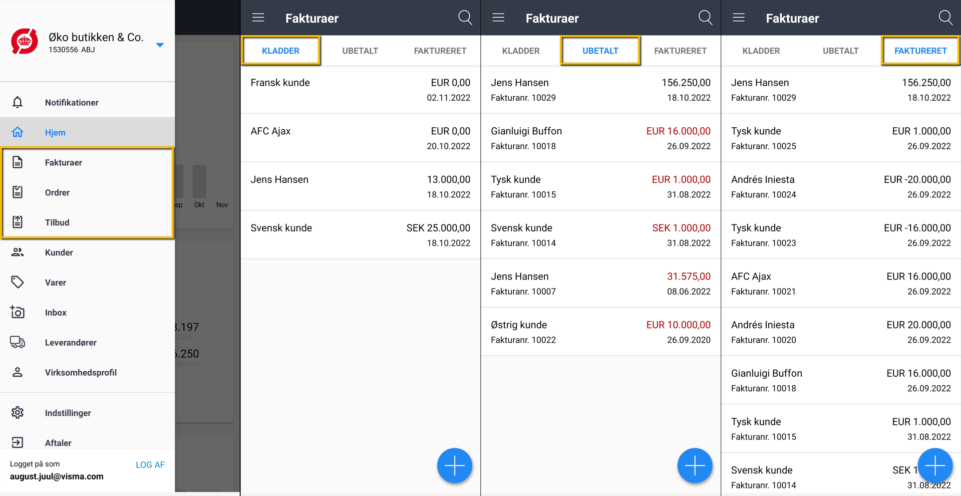 Viser menupunktet Fakturaer i hovedmenuen – bruges til at finde og få et overblik over kladder, ubetalte og fakturerede fakturaer.