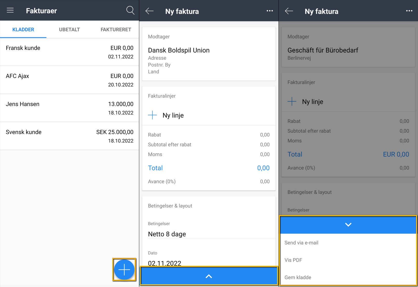 Viser trinene til at oprette en ny faktura i mobilappen – bruges til at oprette en faktura fra kladdeoversigten og sende den via e-mail.