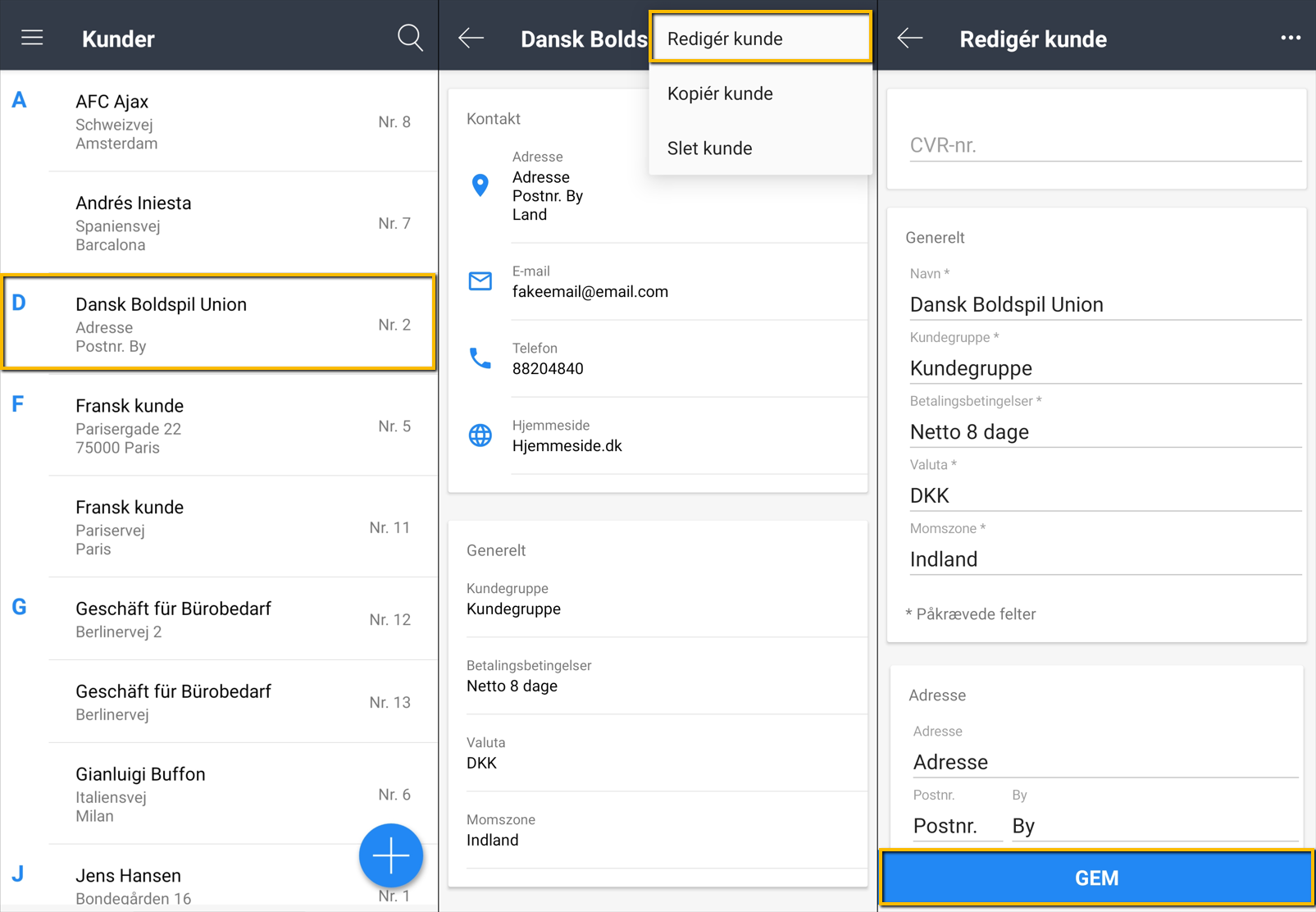 Viser redigering af en kunde i Kunder-modulet i mobilappen – bruges til at opdatere en kundes oplysninger