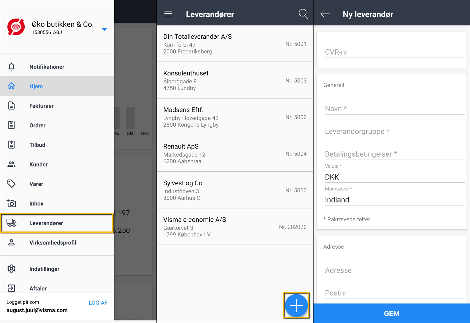 Viser plus-ikonet i leverandørkartoteket – bruges til at oprette en ny leverandør
