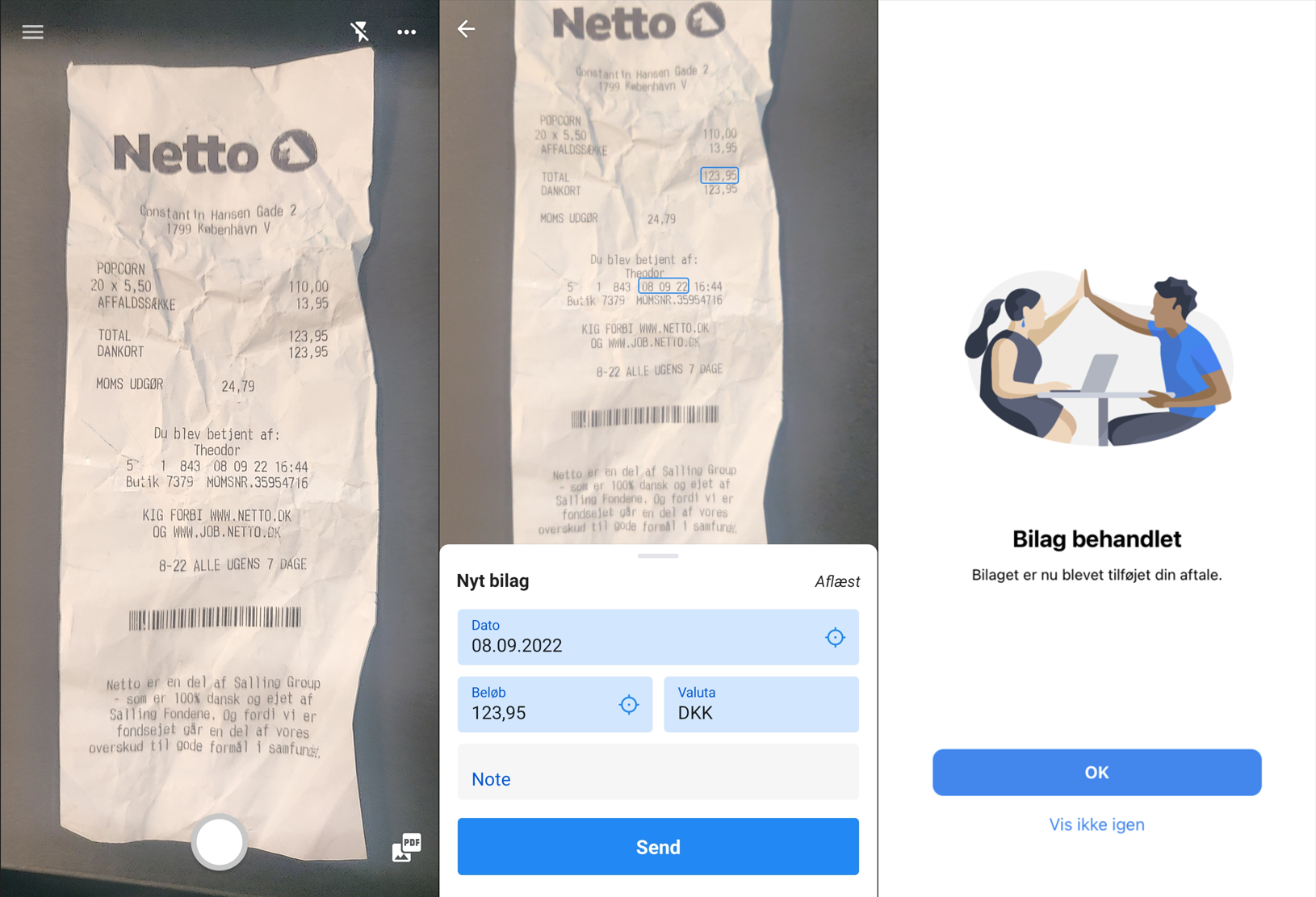Viser processen for at tage et billede af et bilag og sende det i e-conomic mobilappen – bruges til at digitalisere og indsende fysiske bilag til bogføring.