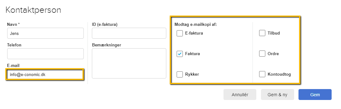 Viser e-mail-indstillingerne på en kontaktperson i kontaktperson-opsætningen – bruges til at angive, hvilke dokumenttyper der skal sendes til en specifik e-mailadresse.