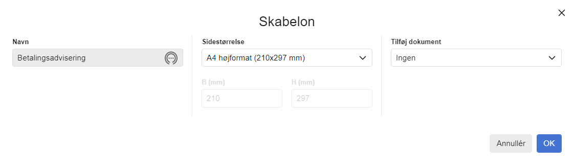 Viser indstillingerne for en skabelon i Design og layout – bruges til at ændre skabelonens navn, sidestørrelse og tilføje et dokument.