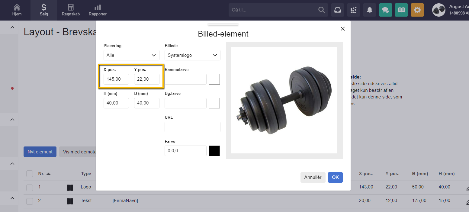 Viser indstillingerne for X- og Y-position for et billedelement i opsætning af brevskabelon – bruges til at ændre den horisontale og vertikale placering af elementet.