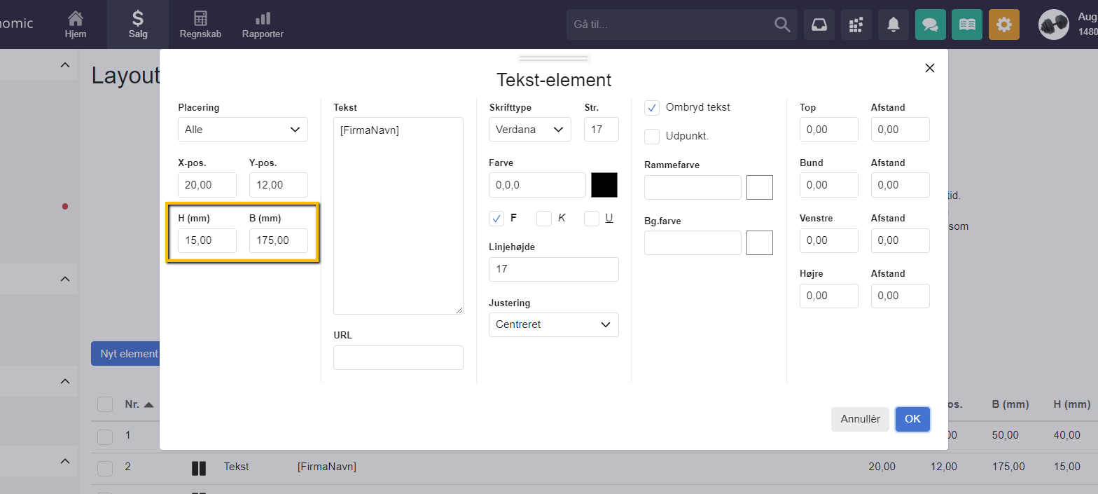 Viser felterne for højde og bredde i editoren for skabelonlayout – bruges til at ændre størrelsen på et element.