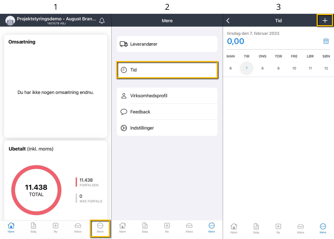 Viser Mere-menuen, Tid-knappen og plus-ikonet i e-conomic appen – bruges til at navigere frem til oprettelsen af en ny tidsregistrering.