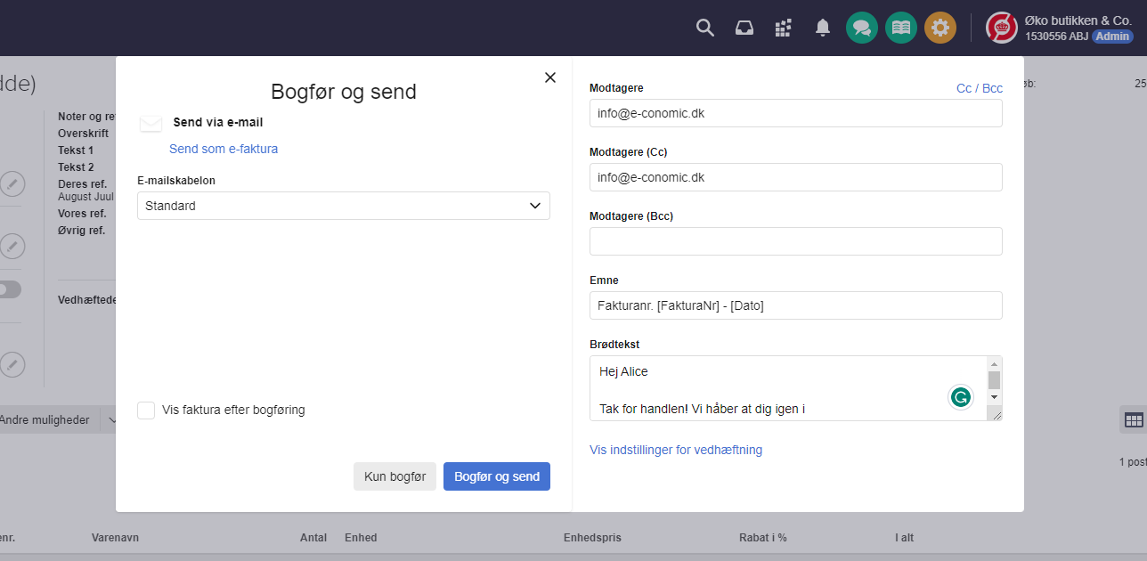 Viser 'Bogfør og send'-vinduet i Salg-modulet – bruges til at udfylde e-mailoplysninger og afsende en faktura.