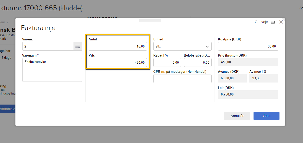 Viser indtastning af antal og pris på en fakturalinje i Fakturering – bruges til at tilføje en varelinje til en kreditnota.