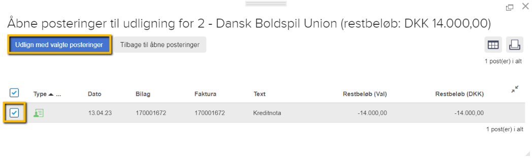 Viser knappen 'Udlign med valgte posteringer' i vinduet 'Åbne posteringer til udligning' – bruges til at udligne en kreditnota med en eller flere fakturaer.