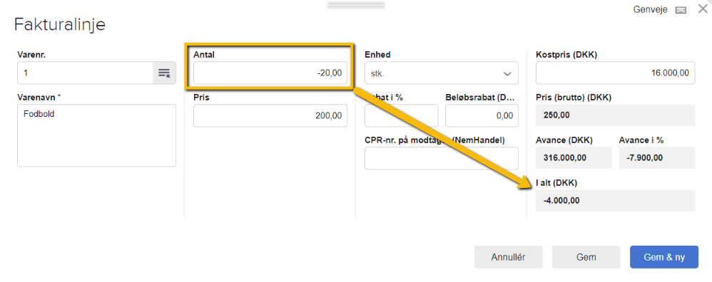 Viser indtastning af et negativt antal i feltet 'Antal' i fakturalinjen – bruges til at omdanne en faktura til en kreditnota.