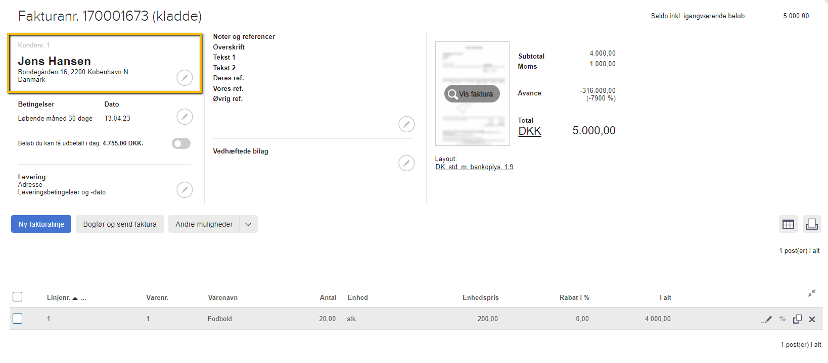 Viser kundens oplysninger i en fakturakladde – bruges til at bekræfte, at kunden er korrekt påført fakturaen.