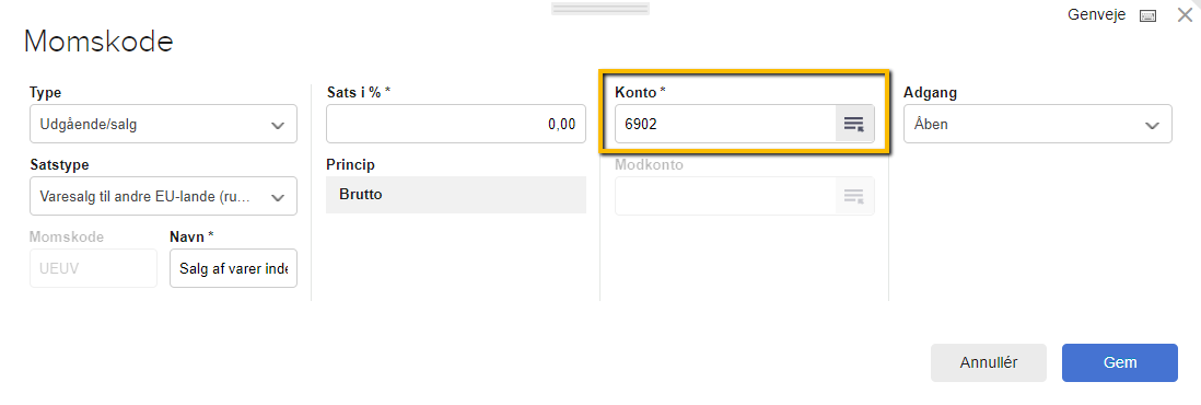 Viser valg af konto i momskode-opsætningen – bruges til at sikre korrekt bogføring af varesalg til EU-lande.