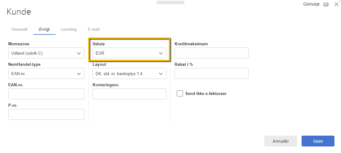 Viser valutafeltet i fanen 'Øvrigt' på kundekortet – bruges til at ændre en kundes standardvaluta.
