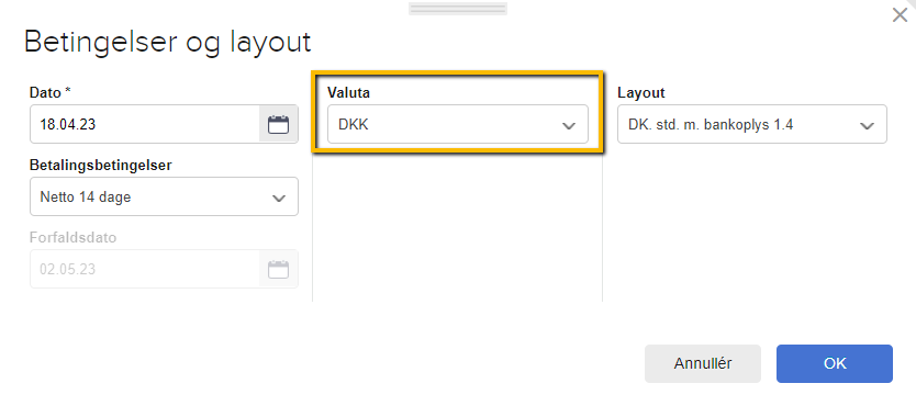 Viser Valuta-feltet i dialogboksen 'Betingelser og layout' – bruges til at ændre valutaen på et tilbud, en ordre eller en faktura.