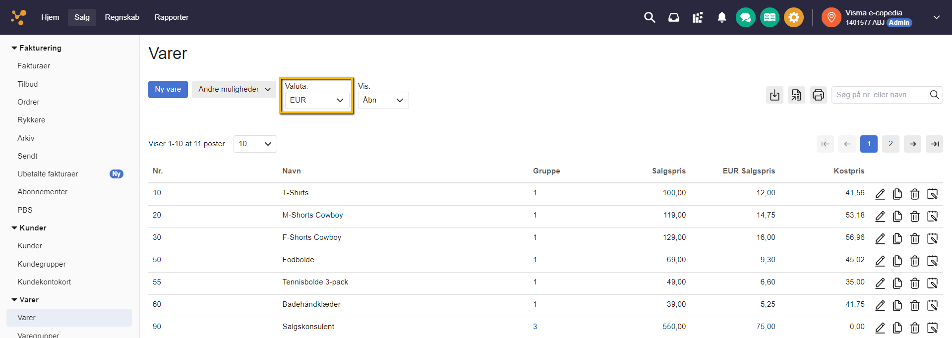 Viser valuta-dropdown-menuen i vareoversigten – bruges til at vise priser i en valgt udenlandsk valuta.